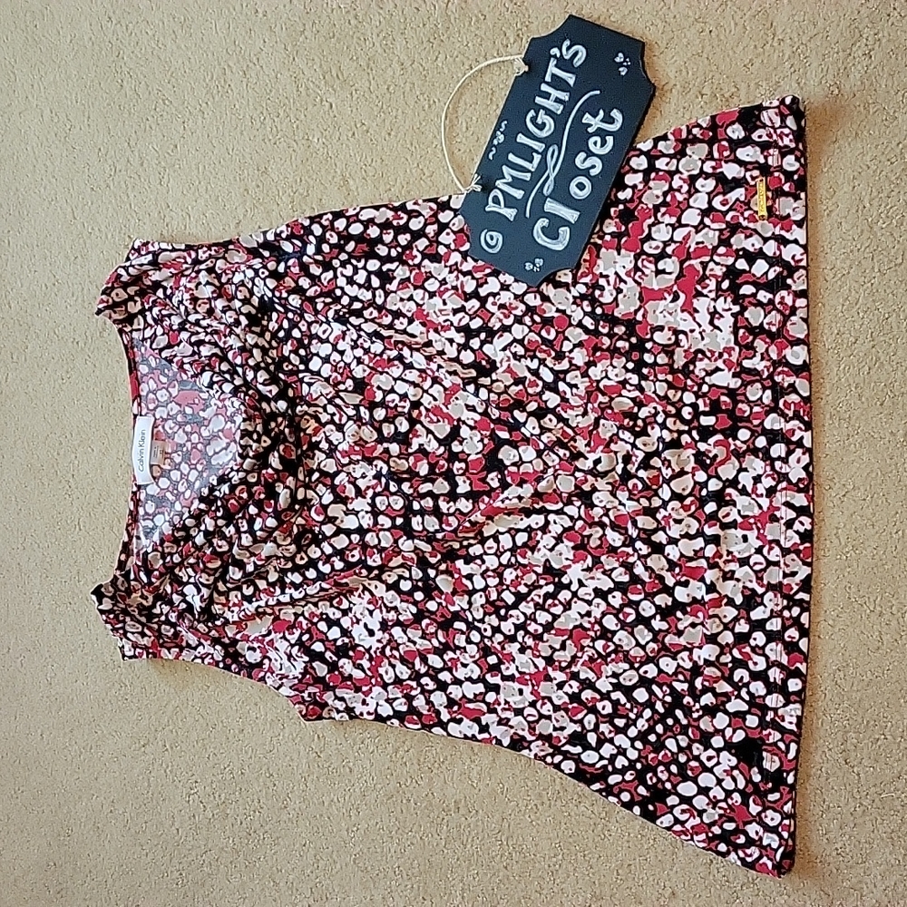 Calvin Klein Blouse Sleeveless XS Scoop Neck Red Black Tan White